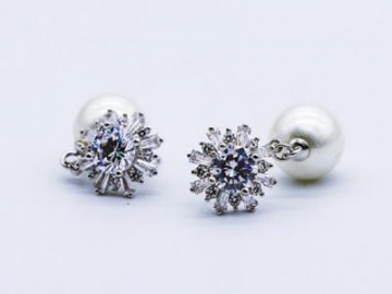 Light Ivory Pearl Earrings with Shining Floral Cubic Zirconia Diamond Wedding Bridal Earrings