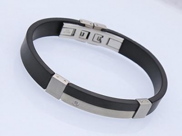 Stainless Steel Wristband Bracelet with Black Silicone Rubber Strap