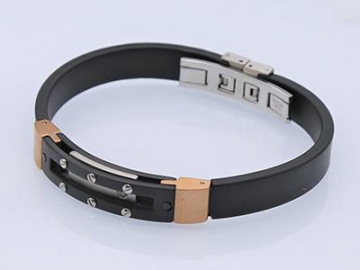 Rose Gold Plated Stainless Steel Wristband Bracelet with Black Silicone Rubber Strap