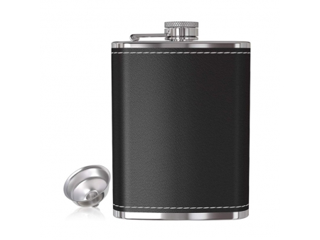 240ml Stainless Steel Pocket Hip Flask with Black Leather Cover