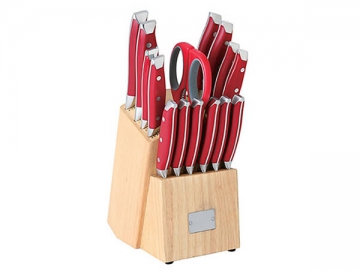 KA8 16-Piece Knife Set (14 Piece Kitchen Knives with Red ABS Handle, Scissors, Knife Block)