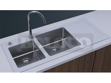 BL-765L Glass Countertop Stainless Steel Double Bowl Kitchen Sink