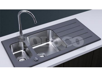 BL-774B Glass Countertop Stainless Steel 1.5 Bowl Kitchen Sink