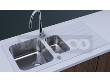 BL-773 Glass Countertop 1.5 Bowl Stainless Steel Kitchen Sink