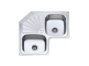 BL-999 Double Bowl Stainless Steel Drainboard Corner Kitchen Sink