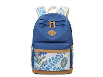 CBB4869-1 Canvas  School Patterned Backpack, 29x17x43cm Heat Transfer Printed Student Backpack with Leather Trim