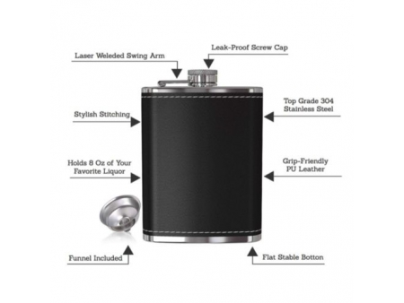 240ml Stainless Steel Pocket Hip Flask with Black Leather Cover