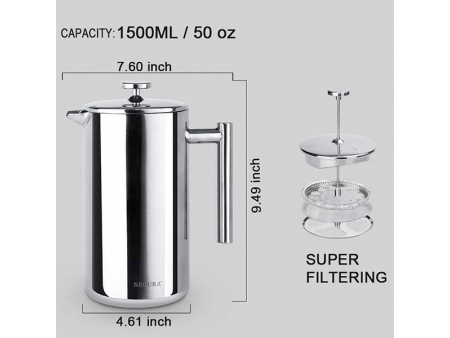 1.5L Stainless Steel Insulated French Press Coffee Maker